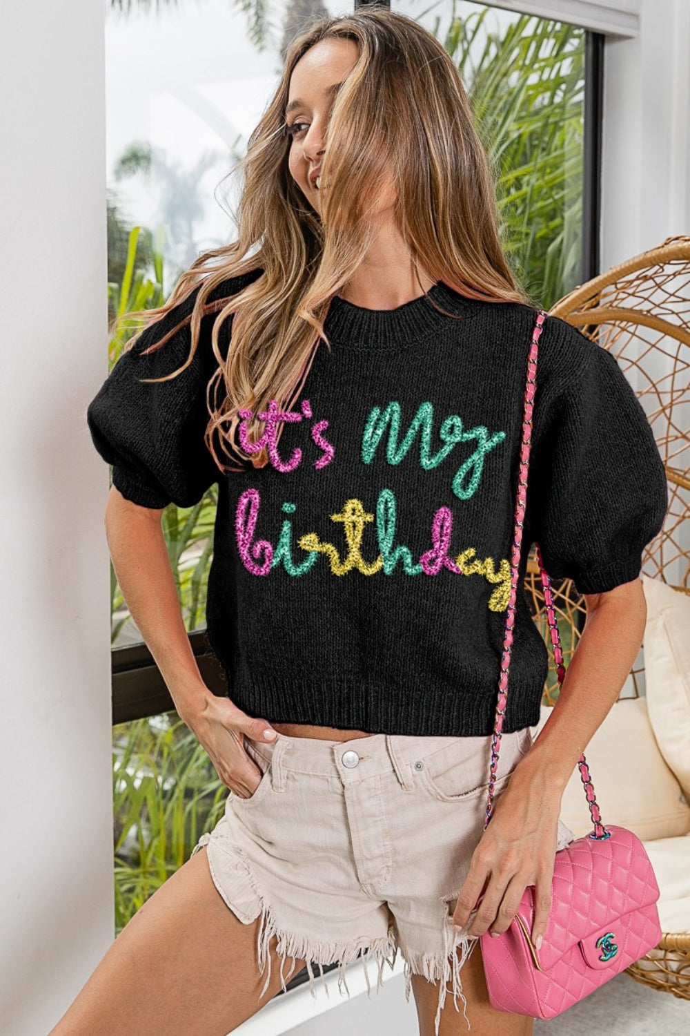 BiBi It’s My Birthday!Metallic Letter Puff Sleeve Sweater