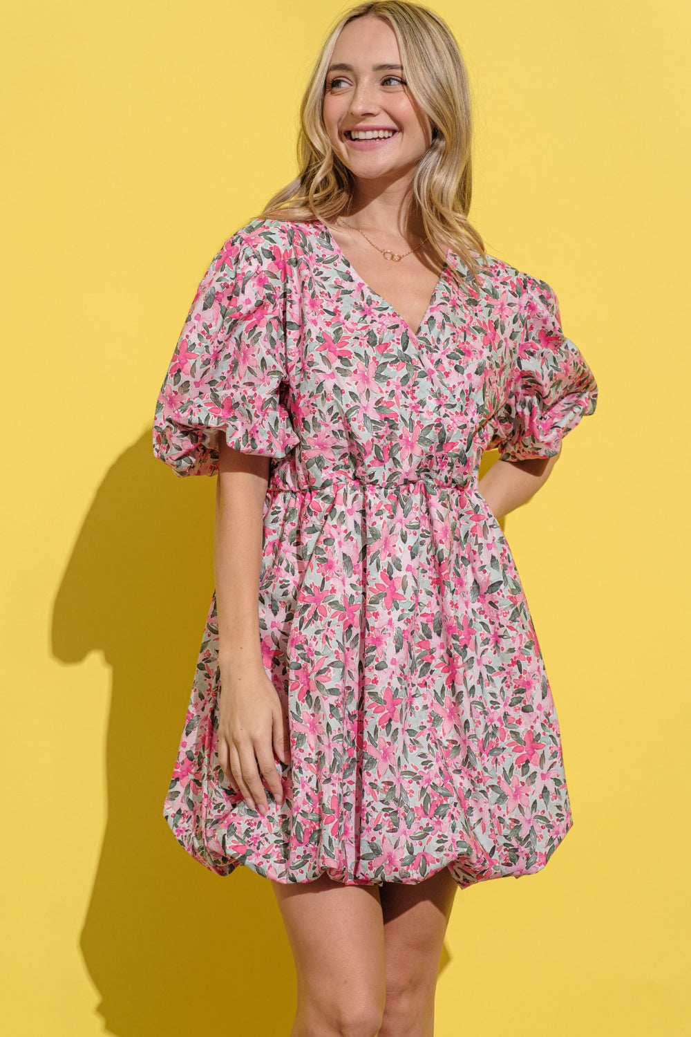 And The Why Floral Surplice Puff Sleeve Bubble Dress