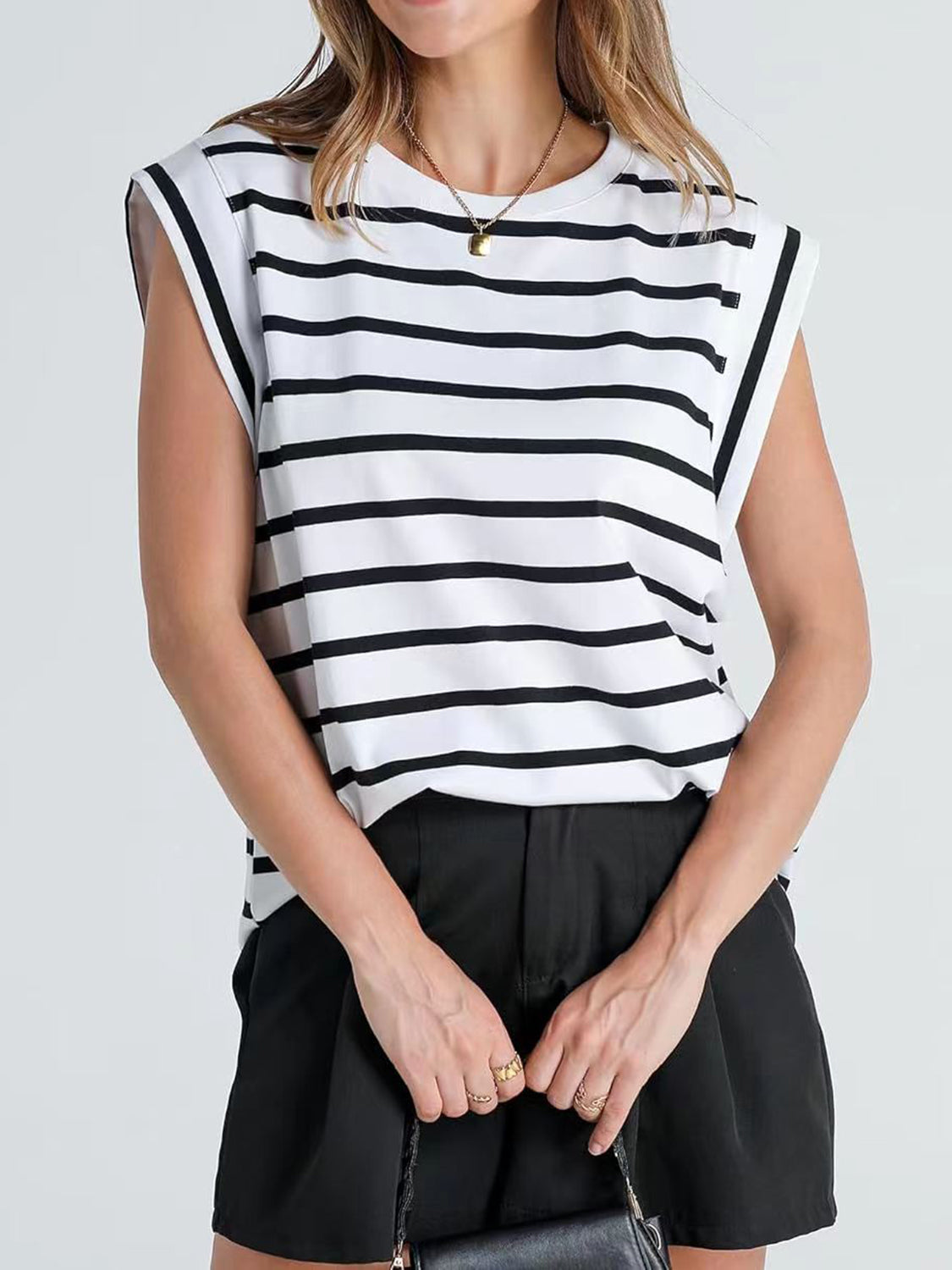 Striped Round Neck Cap Sleeve Nautical Feel Vacation Summer T-Shirt Many Color Options