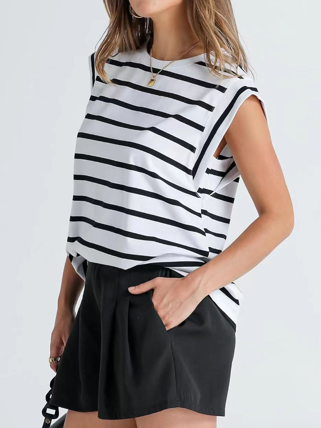 Striped Round Neck Cap Sleeve Nautical Feel Vacation Summer T-Shirt Many Color Options