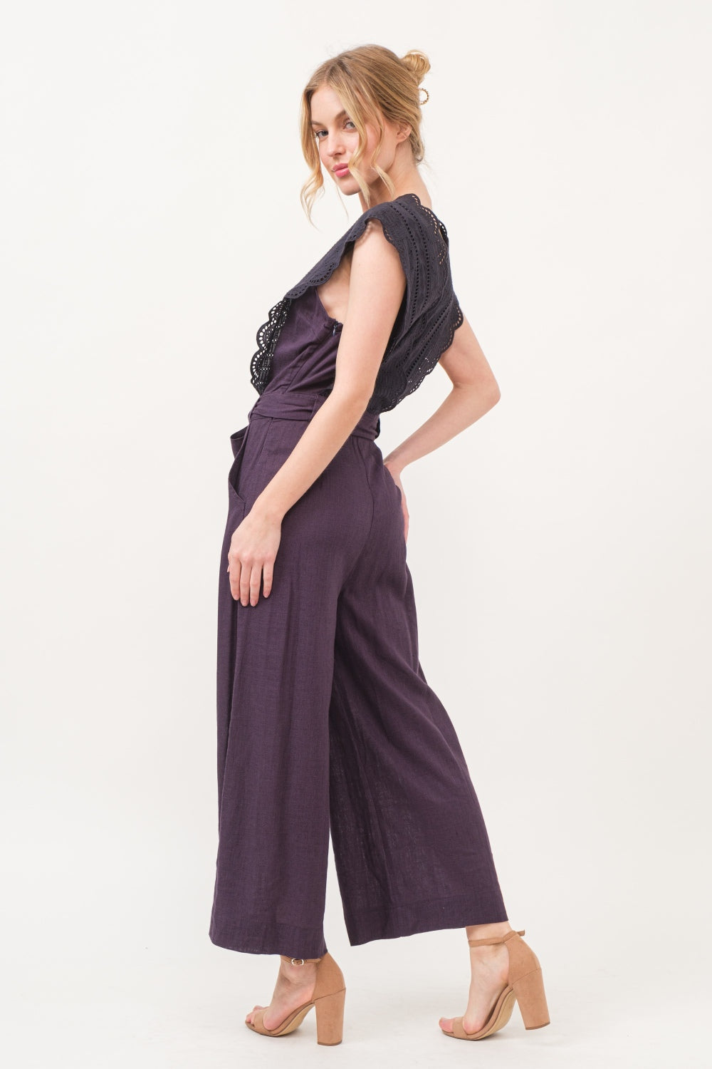 And The Why Laced Surplice V-Neck, Tie Waist Jumpsuit in Deep Purple