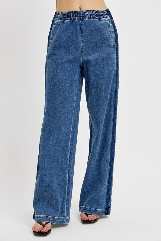 RISEN Comfy Relaxed Elastic Waist Wide Leg Jeans