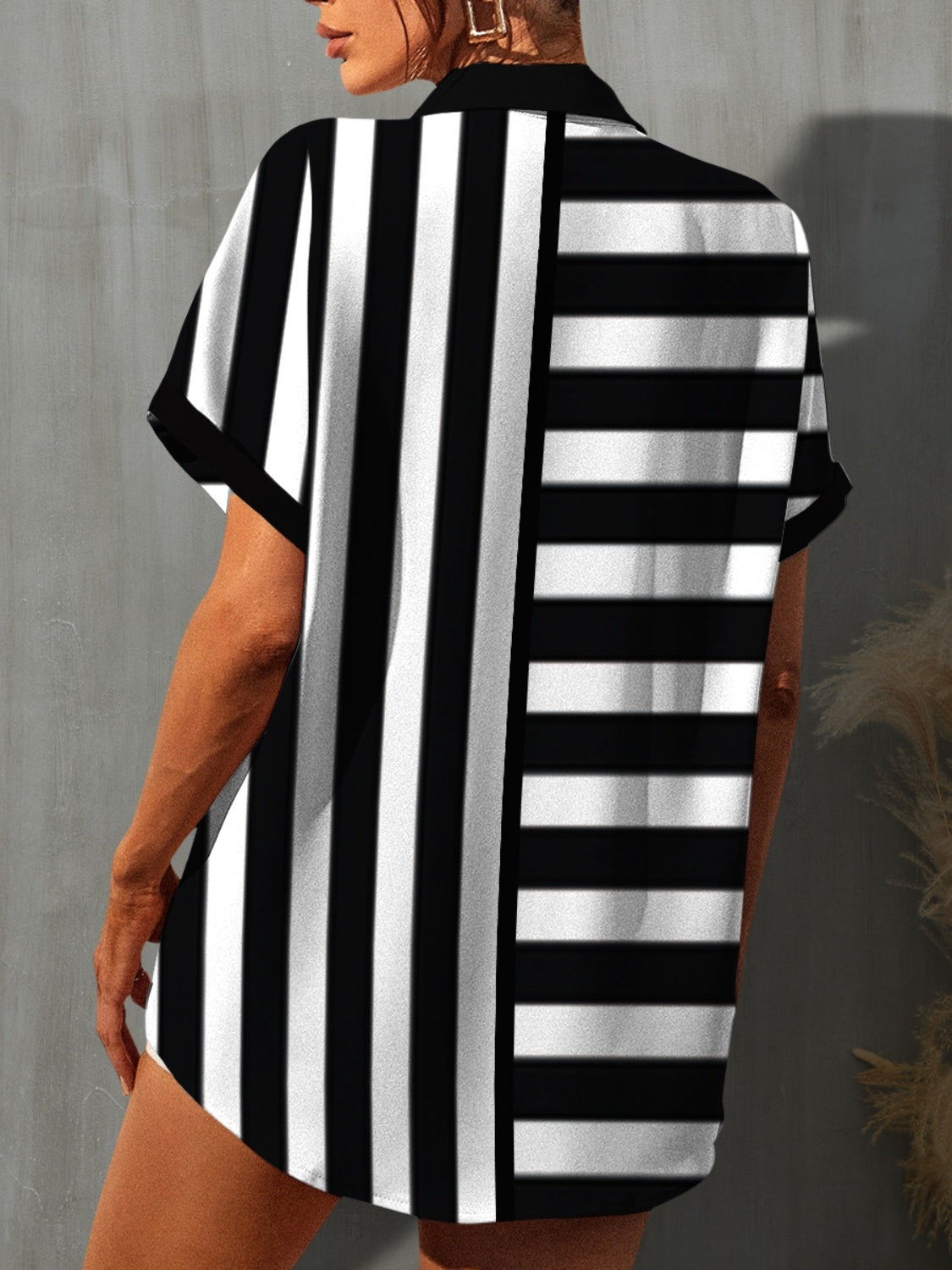 Striped Contrasting Button Up Cap Sleeve Button Down Shirt