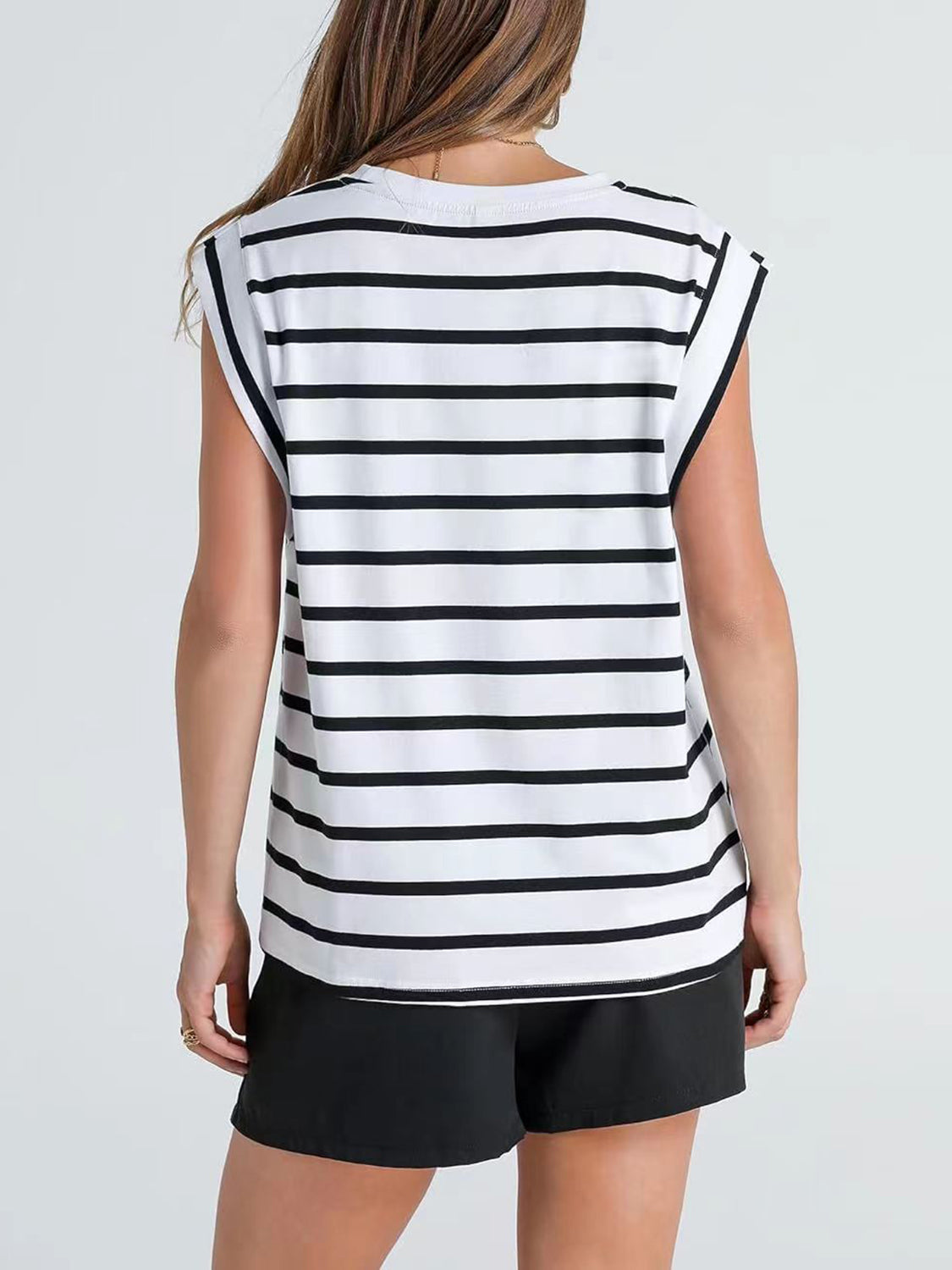 Striped Round Neck Cap Sleeve Nautical Feel Vacation Summer T-Shirt Many Color Options
