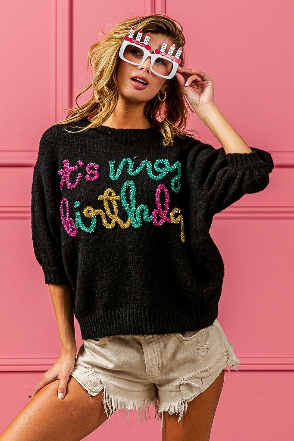 BiBi It’s My Birthday!Metallic Letter Puff Sleeve Sweater
