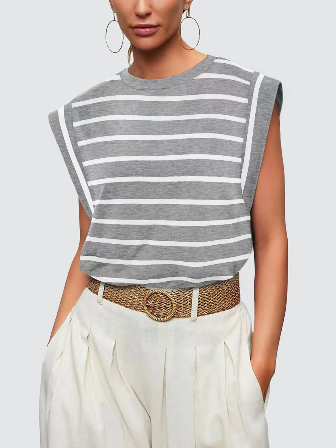 Striped Round Neck Cap Sleeve Nautical Feel Vacation Summer T-Shirt Many Color Options