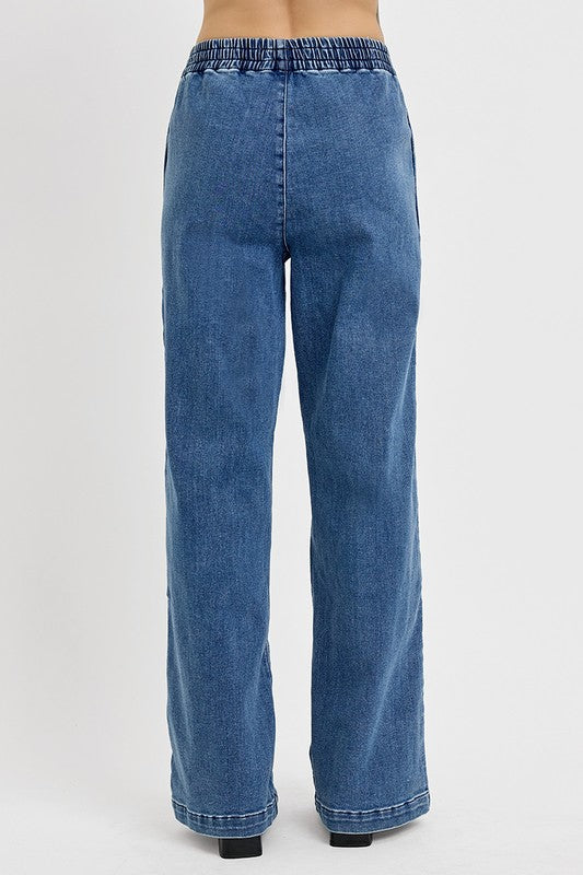 RISEN Comfy Relaxed Elastic Waist Wide Leg Jeans