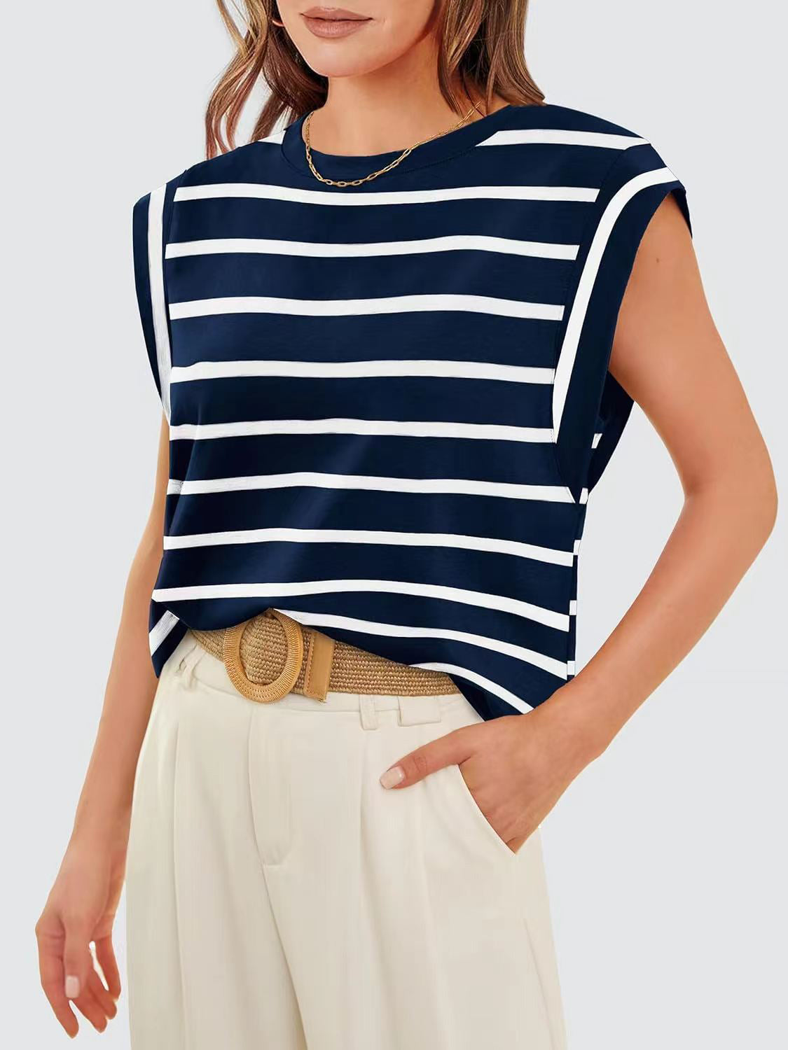 Striped Round Neck Cap Sleeve Nautical Feel Vacation Summer T-Shirt Many Color Options