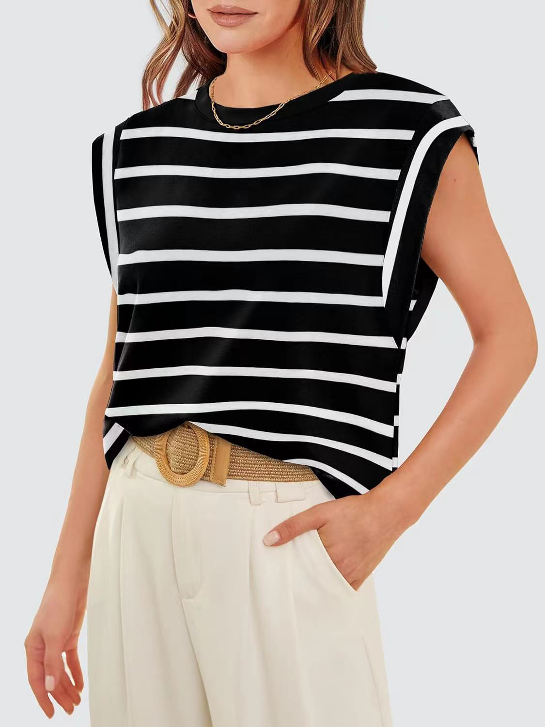 Striped Round Neck Cap Sleeve Nautical Feel Vacation Summer T-Shirt Many Color Options