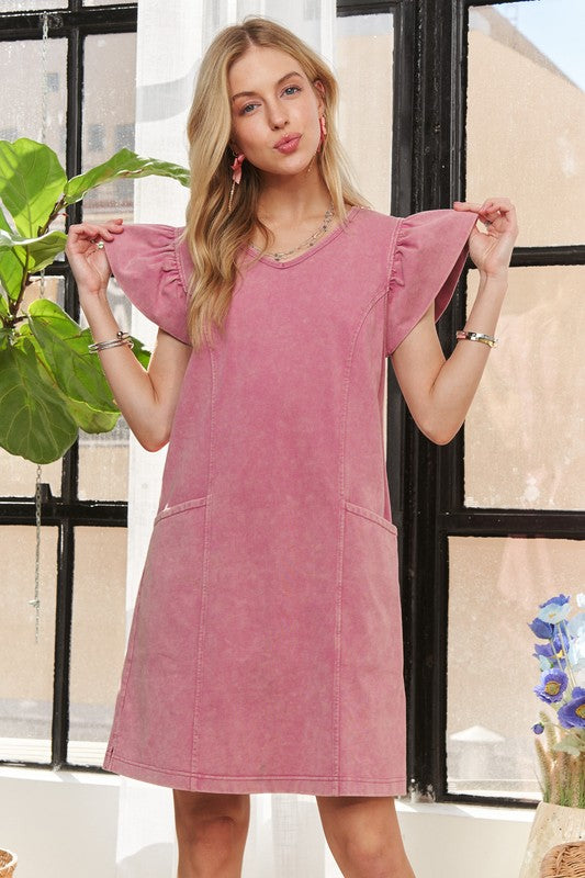 ADORA Cotton Mineral Washed V-Neck Ruffled Cap Sleeve with Pockets Dress