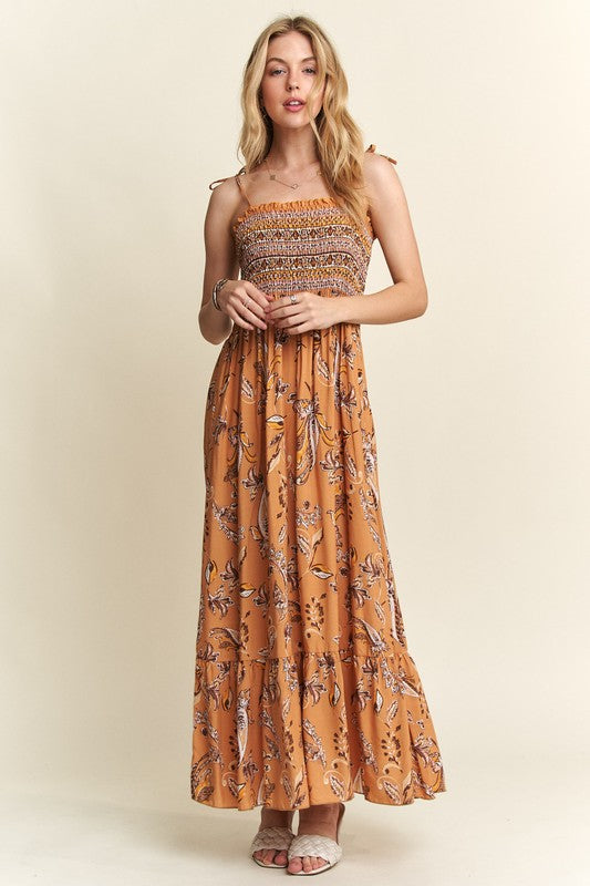 ADORA Smocked Printed Square Neck Tie Shoulder Cami Maxi Dress