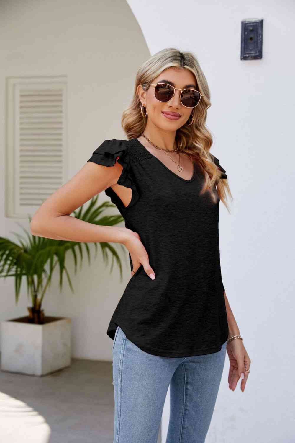 Smocked Shoulder Flutter Ruffle Tiered Cap Sleeve V-Neck Top - Color Options
