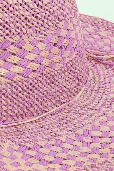 Fame Fun & Flirty Pink and Cream Checkered 100% Paper Sustainable Straw Weave Sun Hat