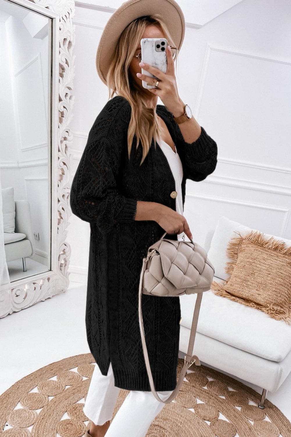 V-Neck Long Sleeve Open Weave Button Front Cardigan
