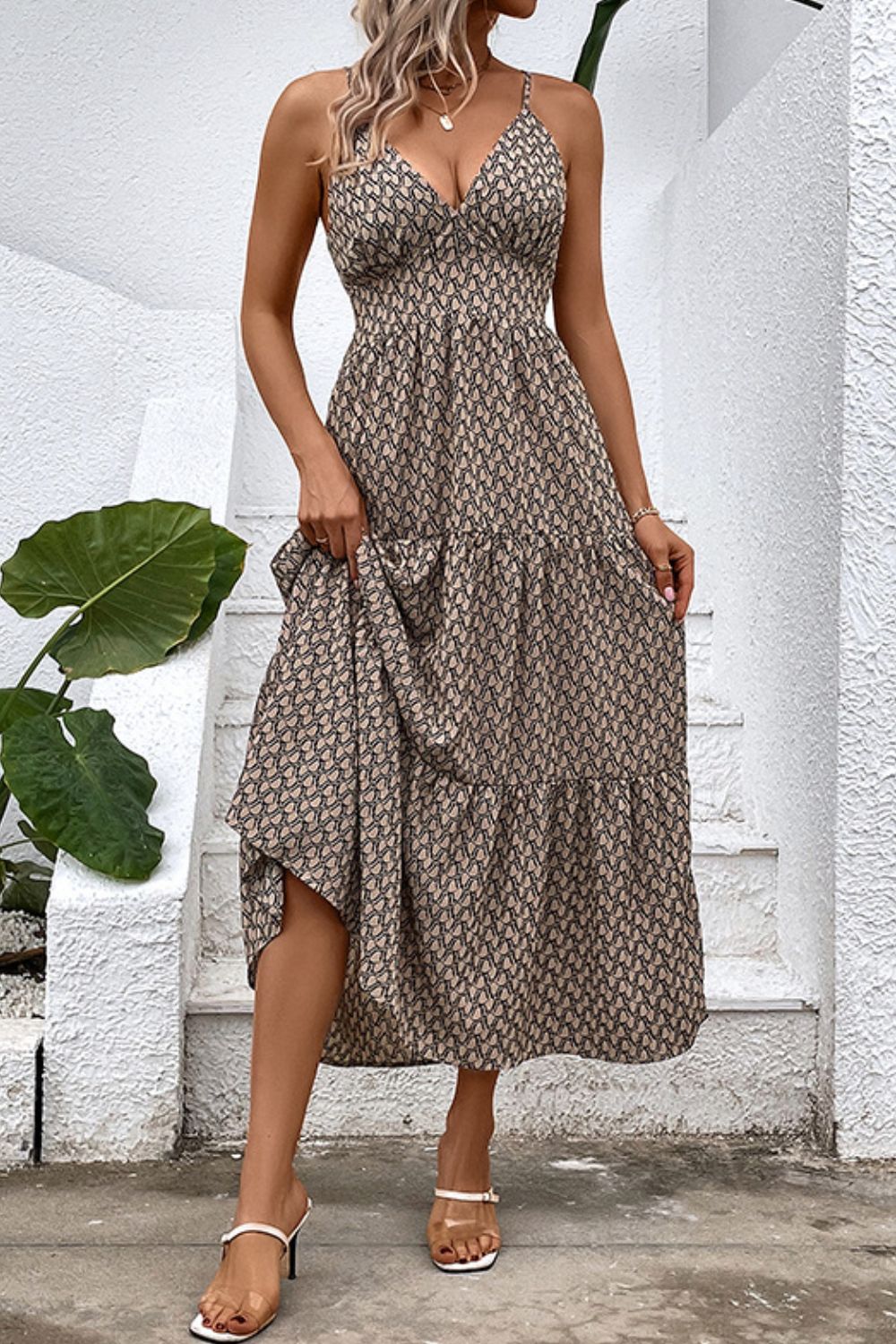 Floral Printed Spaghetti Strap Tie Back Summer Vacation Dress
