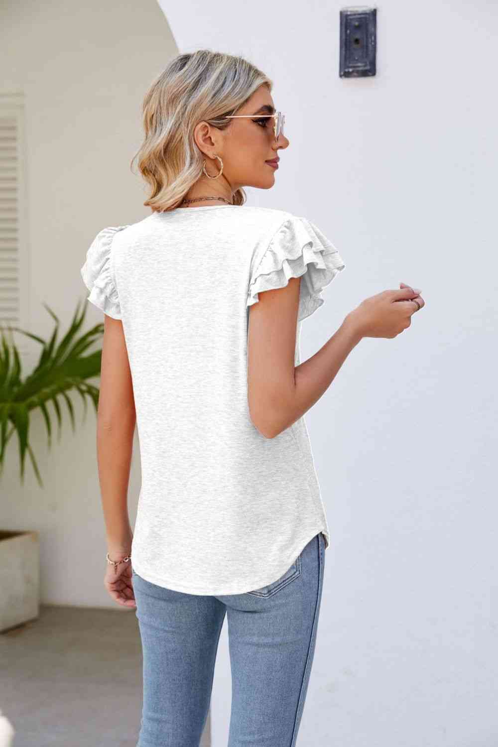Smocked Shoulder Flutter Ruffle Tiered Cap Sleeve V-Neck Top - Color Options