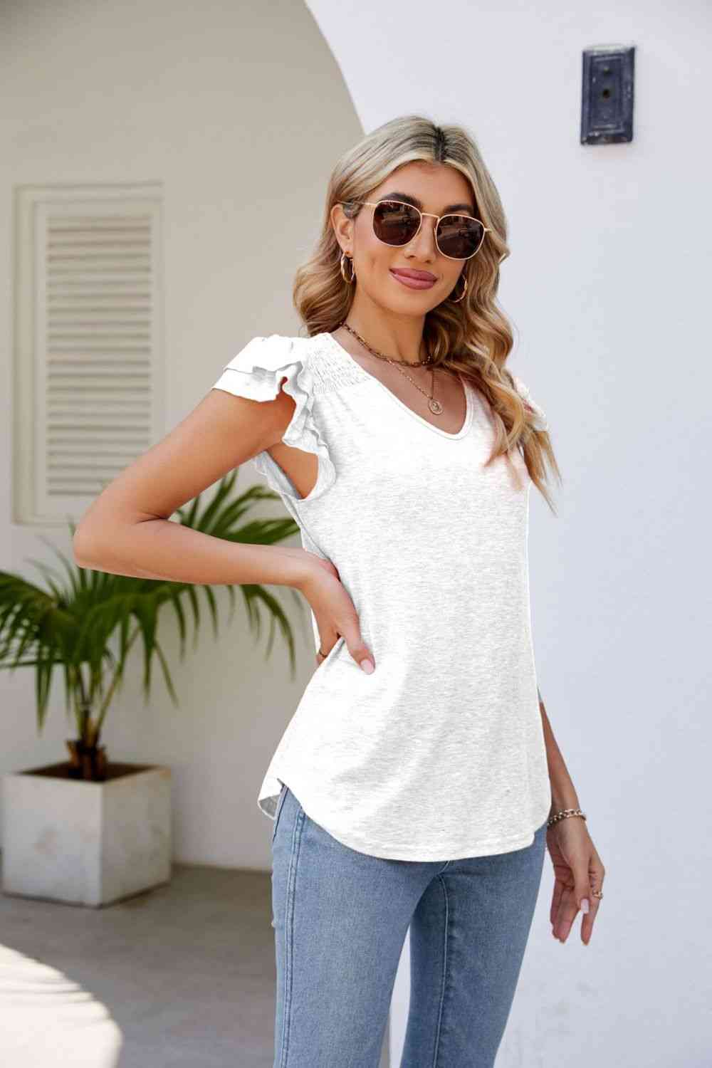 Smocked Shoulder Flutter Ruffle Tiered Cap Sleeve V-Neck Top - Color Options