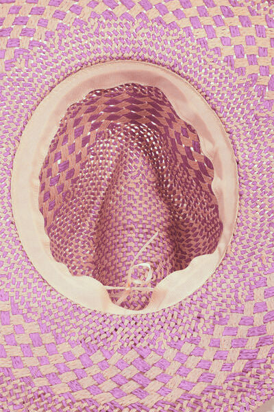 Fame Fun & Flirty Pink and Cream Checkered 100% Paper Sustainable Straw Weave Sun Hat