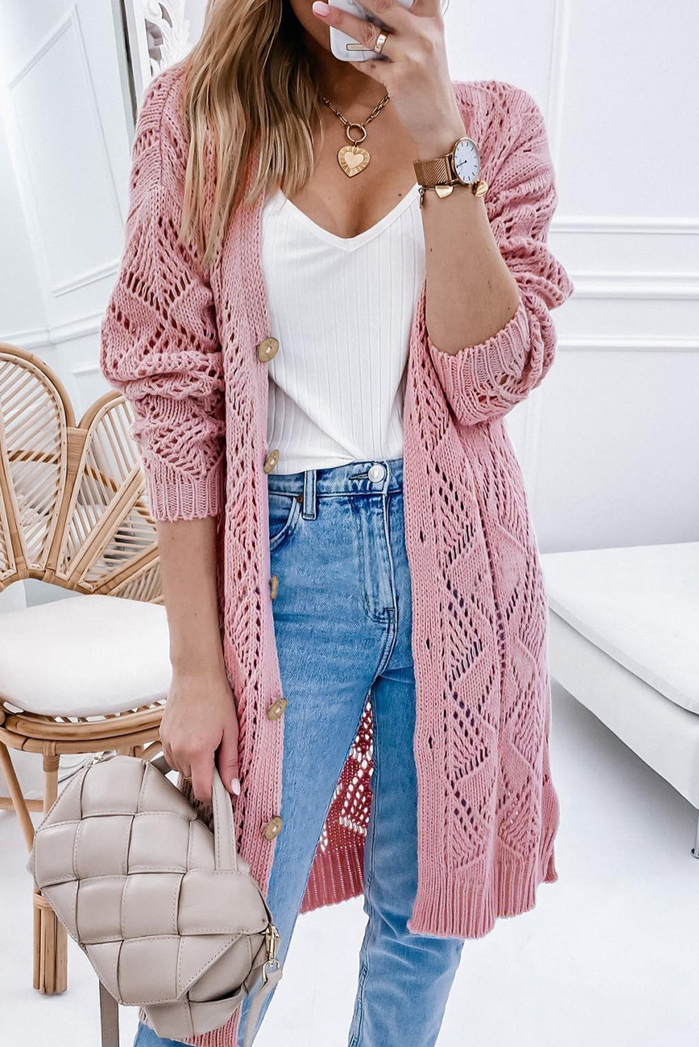 V-Neck Long Sleeve Open Weave Button Front Cardigan