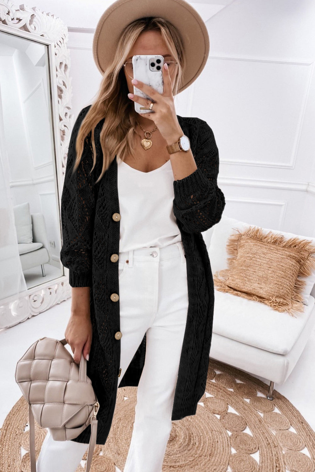 V-Neck Long Sleeve Open Weave Button Front Cardigan