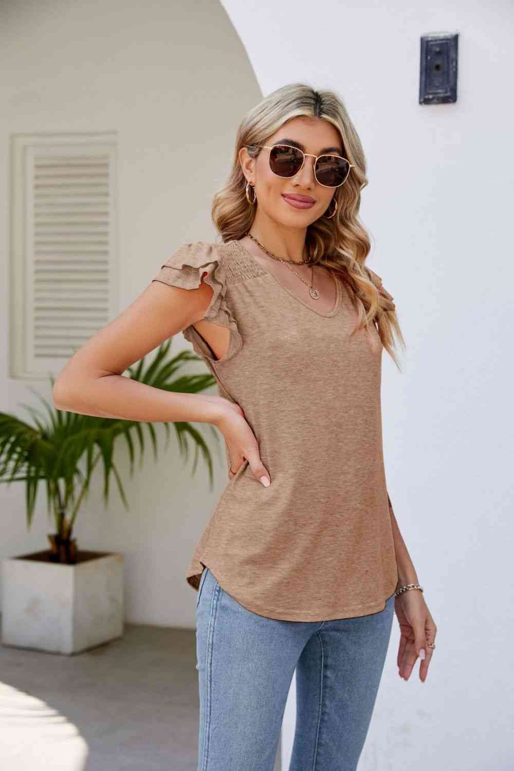 Smocked Shoulder Flutter Ruffle Tiered Cap Sleeve V-Neck Top - Color Options