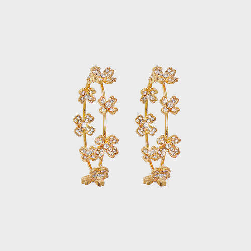 Floral Rhinestone Gold Toned Hoop Earrings
