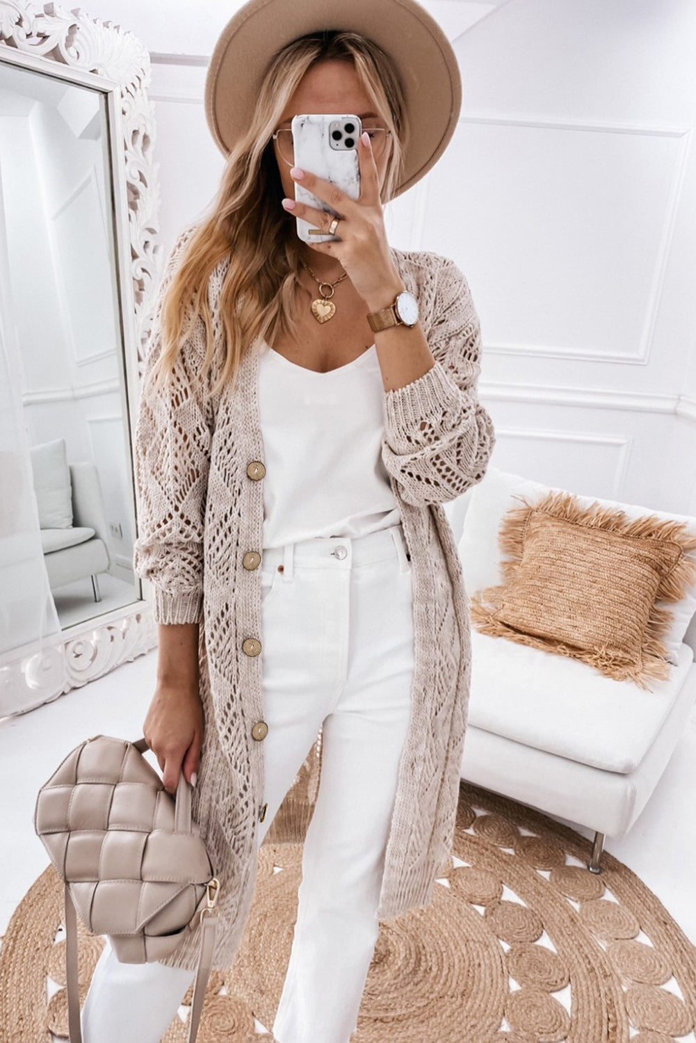 V-Neck Long Sleeve Open Weave Button Front Cardigan