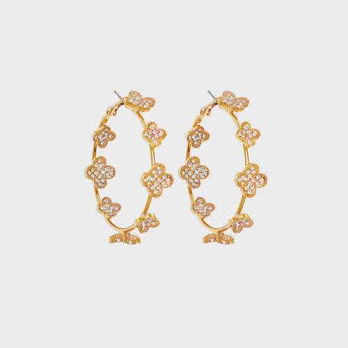 Floral Rhinestone Gold Toned Hoop Earrings