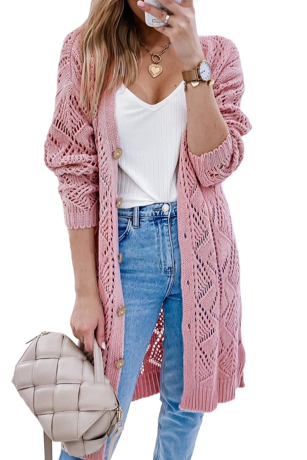 V-Neck Long Sleeve Open Weave Button Front Cardigan