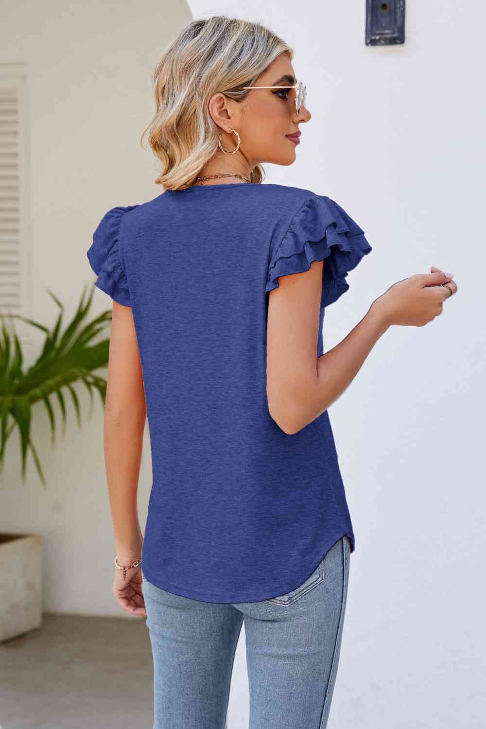 Smocked Shoulder Flutter Ruffle Tiered Cap Sleeve V-Neck Top - Color Options