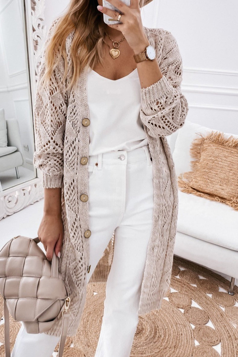 V-Neck Long Sleeve Open Weave Button Front Cardigan