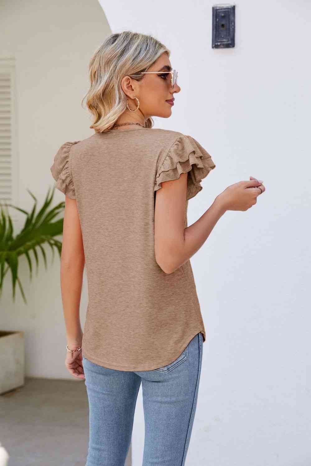 Smocked Shoulder Flutter Ruffle Tiered Cap Sleeve V-Neck Top - Color Options