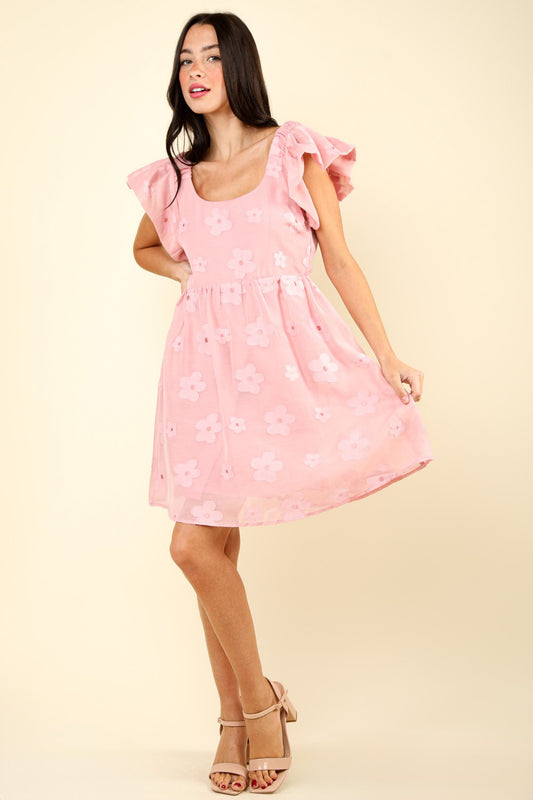 VERY J Pink Flower Embroidered Organza Babydoll Dress with Ruffle Detail