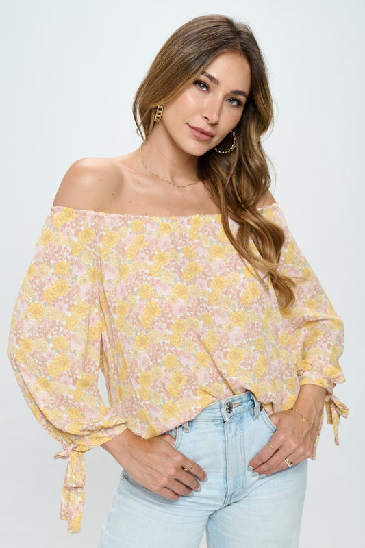 RENEE C Buttercream Yellow Floral Off-Shoulder Long Sleeve Blouse