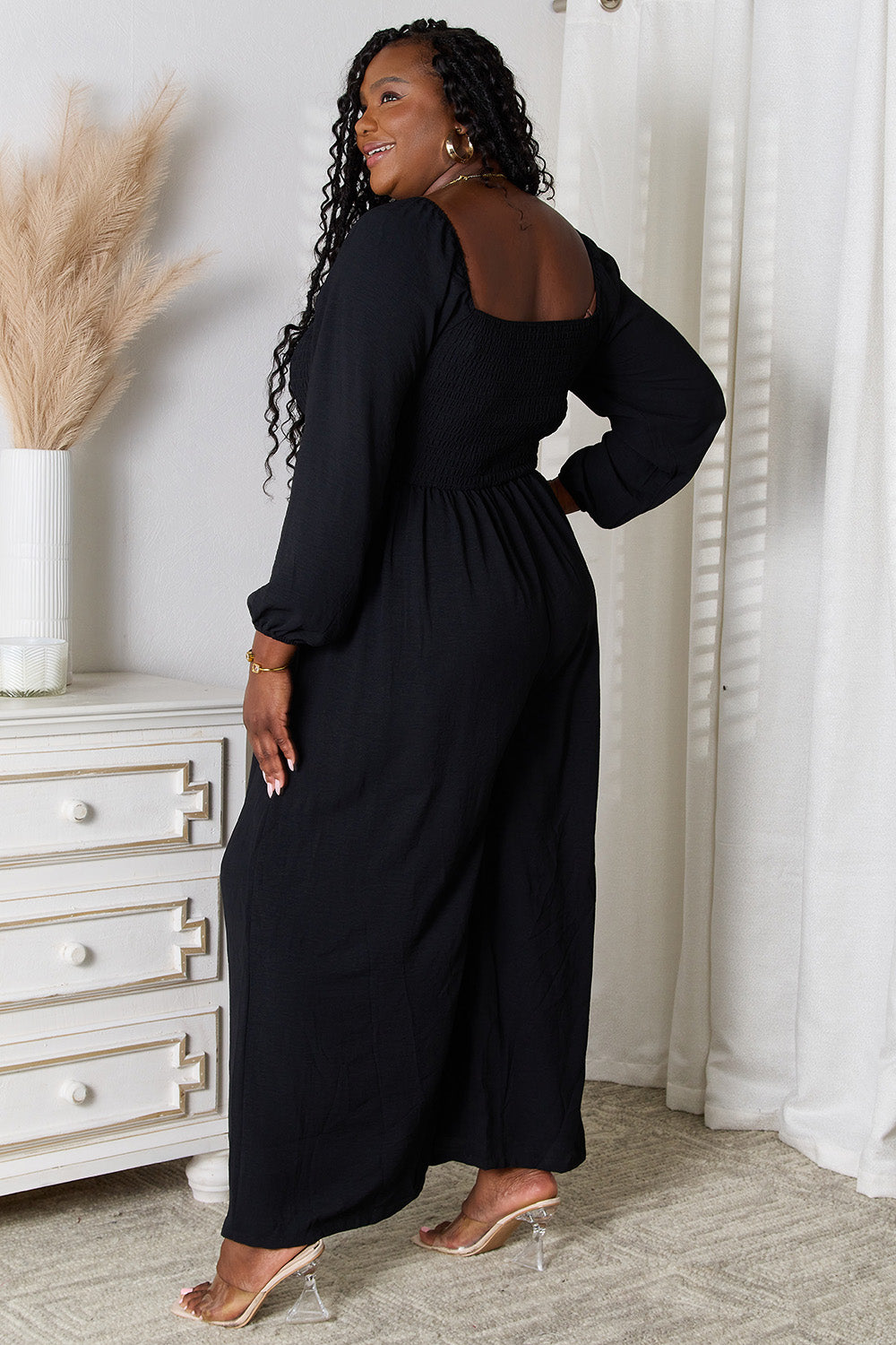 Double Take Black Square Neck Smocked Jumpsuit with Pockets