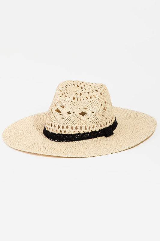 Fame Openwork Lace Detail Wide Brim Summer Beach Vacation Hat