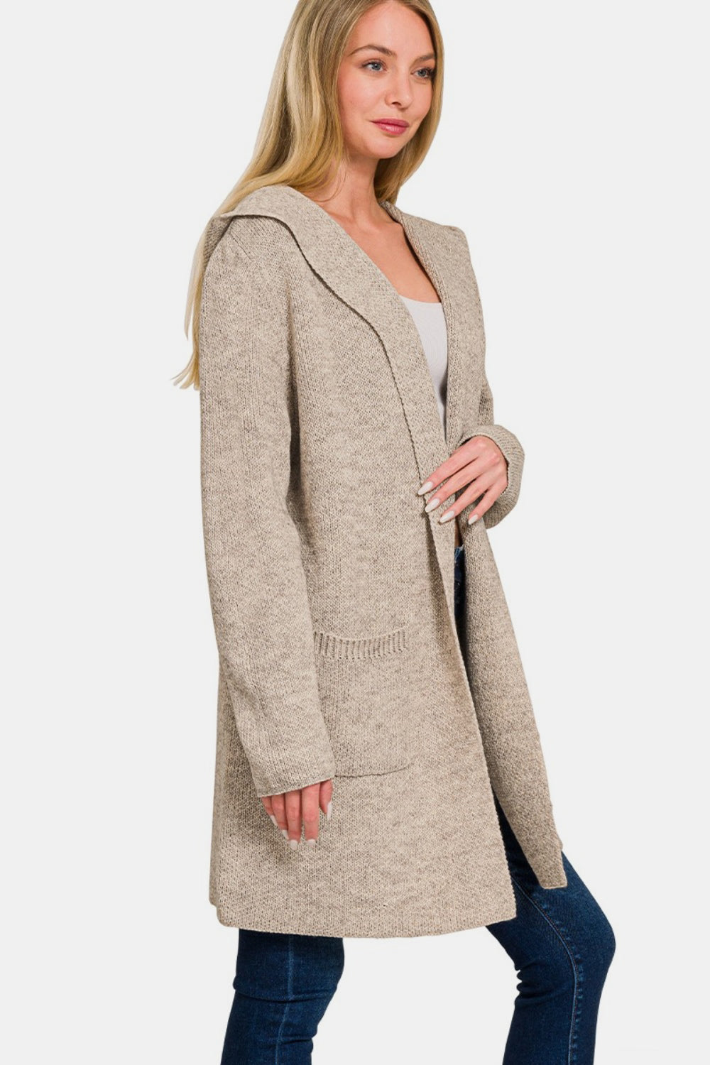 Zenana Hooded Open Front Sweater Cardigan with Pockets