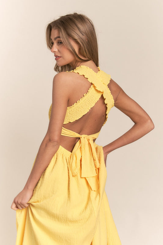 J.NNA Bright Sunshine Yellow Textured Crisscross Back Tie Smocked Maxi Dress