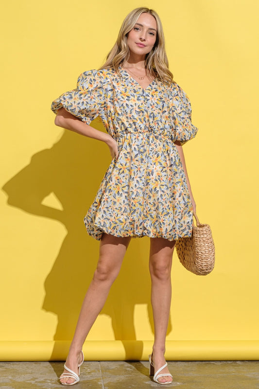 And The Why Floral Surplice Puff Sleeve Bubble Dress