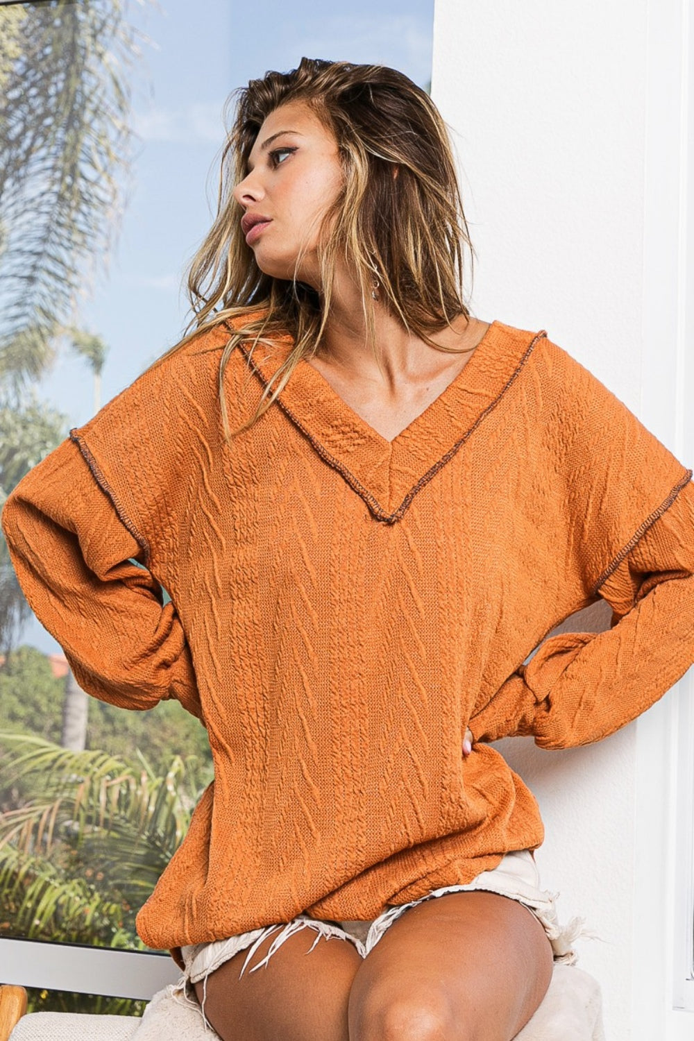 BiBi Oversized Relaxed Fit Textured Exposed Seam Drop Shoulder Knit Top