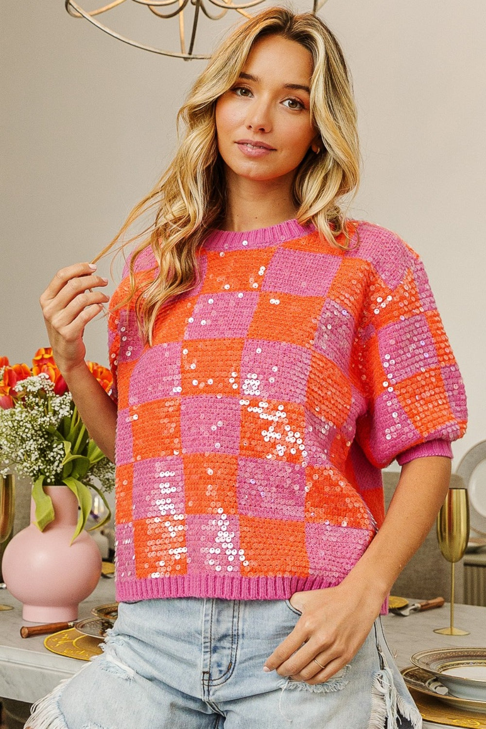 BiBi Checkered Short Sleeve Sequin Checked Sweater