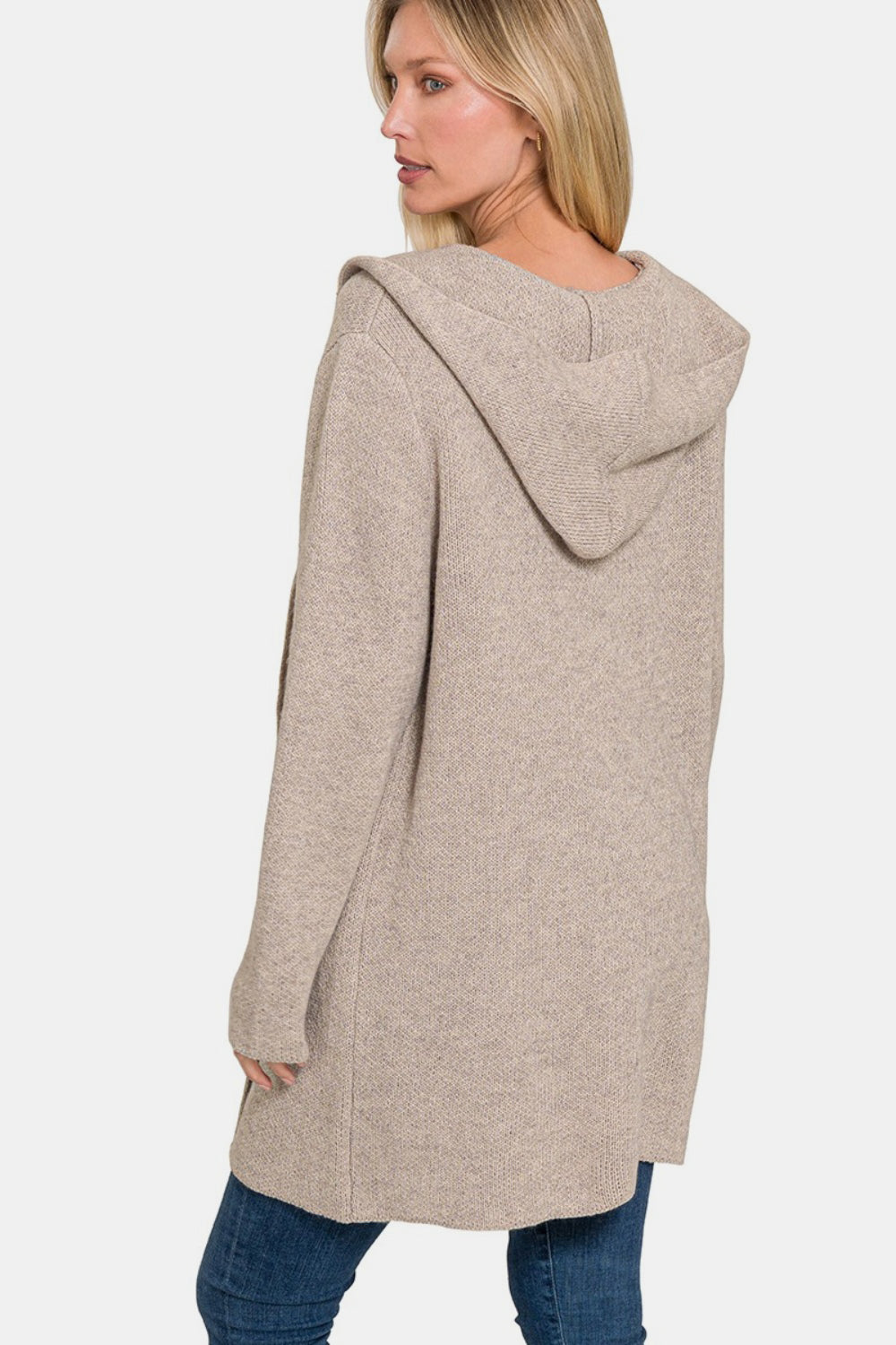 Zenana Hooded Open Front Sweater Cardigan with Pockets