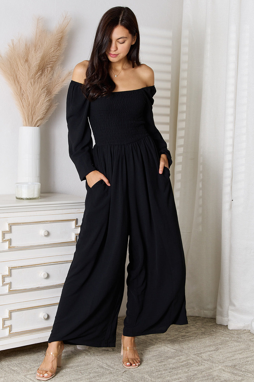 Double Take Black Square Neck Smocked Jumpsuit with Pockets