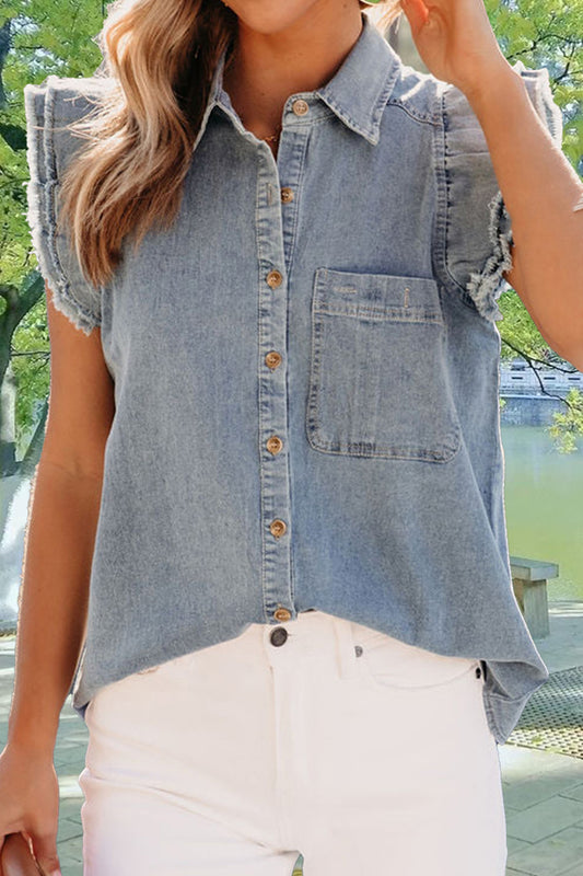 Update on a Basic Denim Top: Raw Hem Button Up Cap Sleeve Denim Top