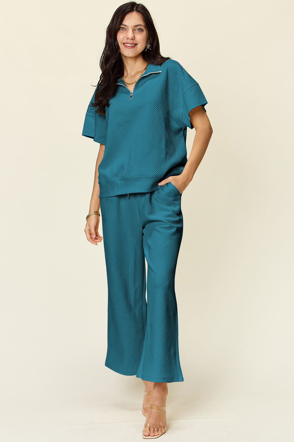 Double Take Texture Half Zip Short Sleeve Top and Pants Set Several Color Options