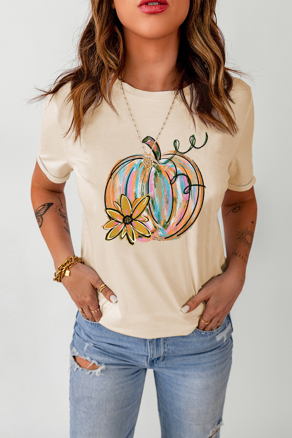 Colorful Pumpkin & Sunflower Graphic Round Neck T-Shirt