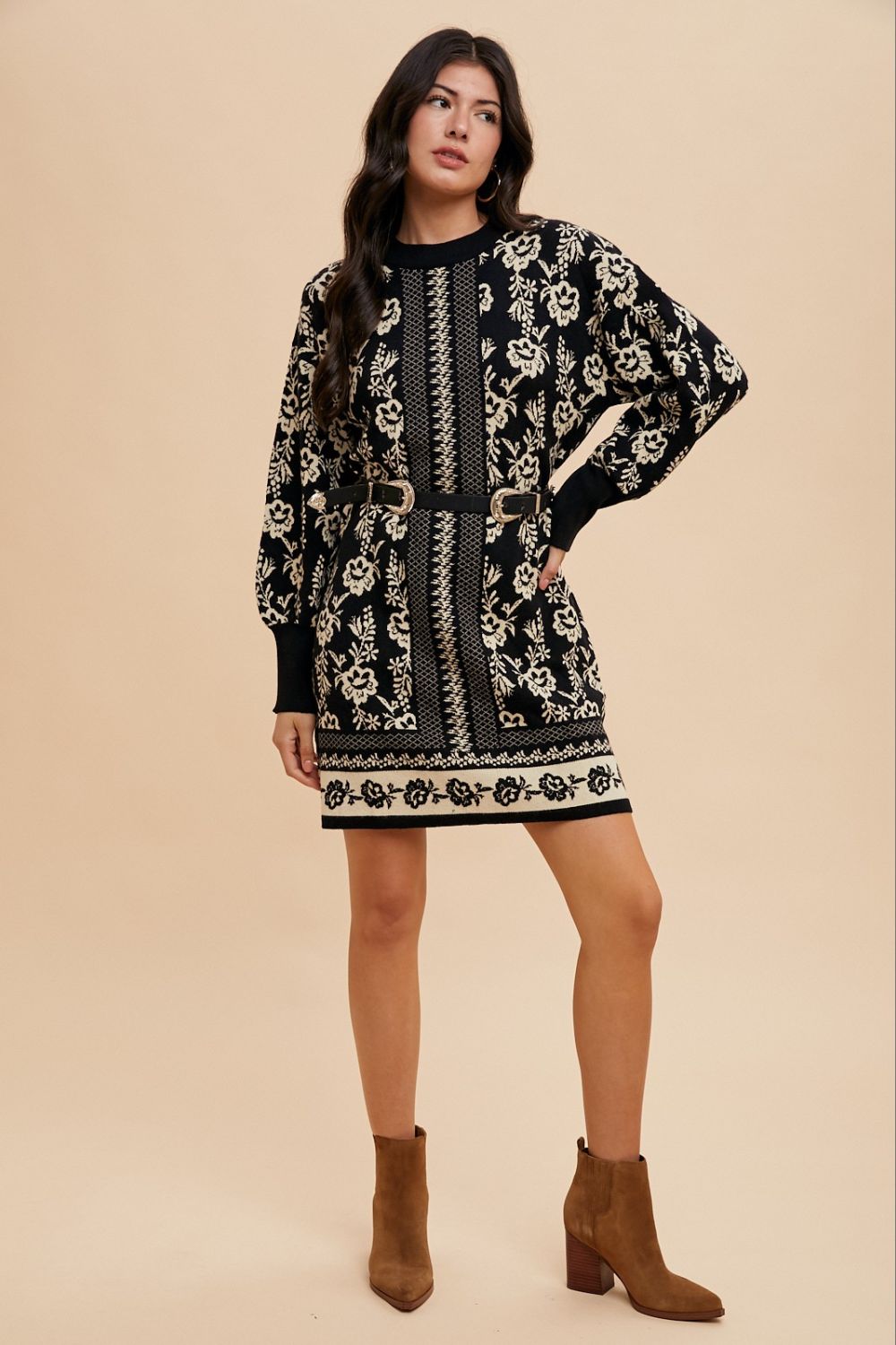 Annie Wear Floral Jacquard Puff Sleeve Sweater Dress