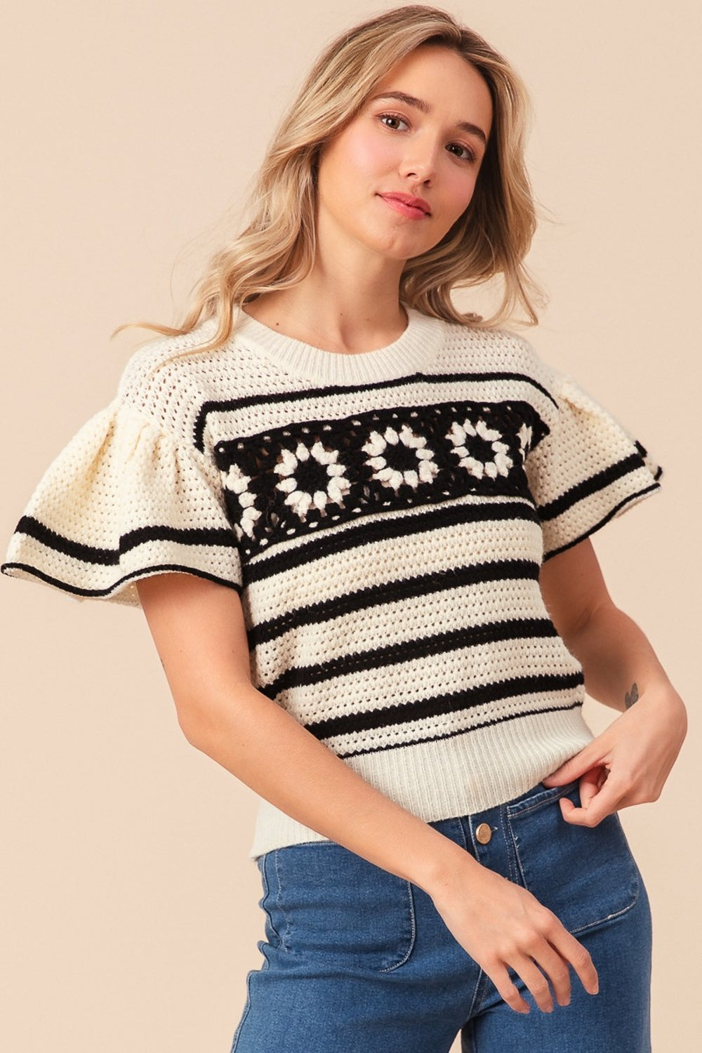 BiBi Granny Square Boho Frill Sleeve Sweater