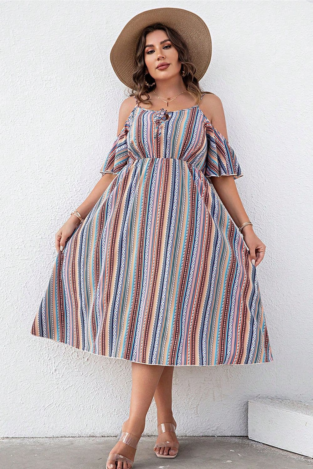 Beautiful Striped Cold-Shoulder Summer Vacation Midi Dress