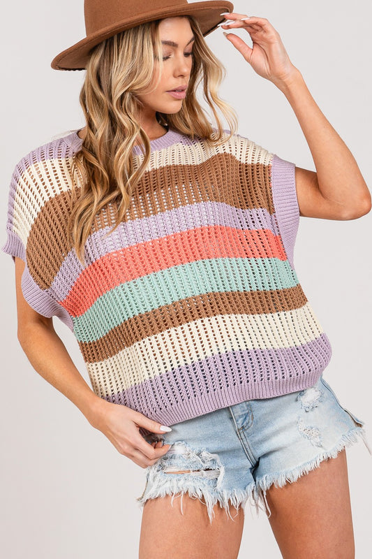 SAGE + FIG Color Block Striped Crochet Cotton Blend Sweater
